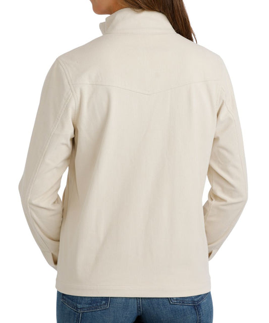 Back view of the women's cream corduroy shirt jacket featuring the mock collar, single point back yoke, and snap cuffs