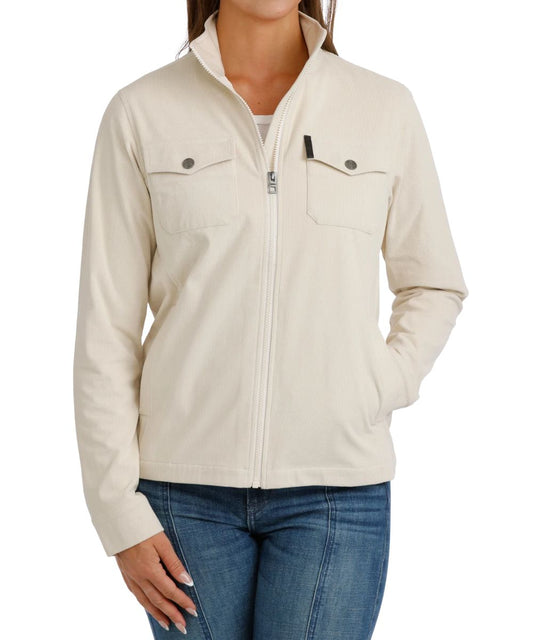 Front view of the women's cream Cinch corduroy shacket featuring the mock collar, zip-up closure, snap flap chest pockets, and the hand pockets
