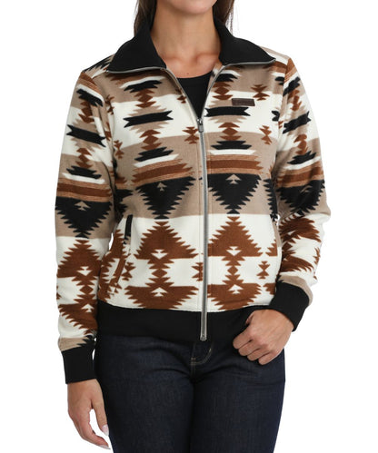 Front view of the women's khaki Cinch Aztec Sweater Jacket featuring the oversized mock collar, full zip closure, and hand pockets