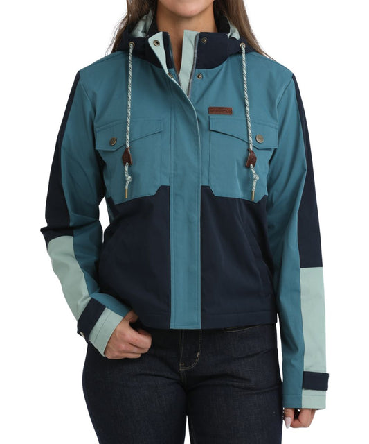 Front view of the women's teal color blocked Cinch Chore Jacket featuring the removable/adjustable hood, zip closure with snap storm flap, snap flap chest pockets, snap cuffs, and hand pockets