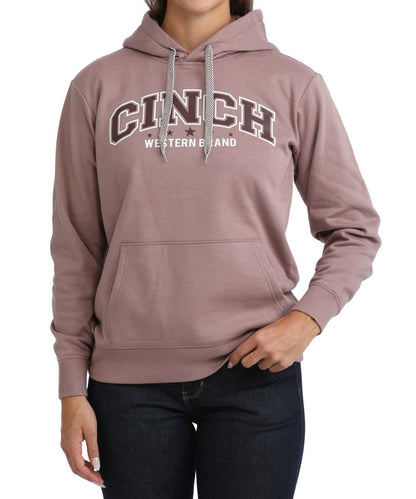 Front view of the women's Cinch Lilac Fleece Logo Hoodie featuring the contrast hood drawcord, kangaroo pocket, and rib knit trim