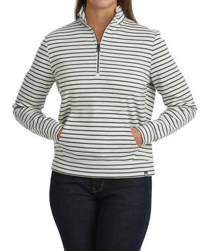 Front view of the women's white Cinch long sleeve pullover featuring the 1/4 zip closure, mock collar, kangaroo pocket, and horizontal striped print