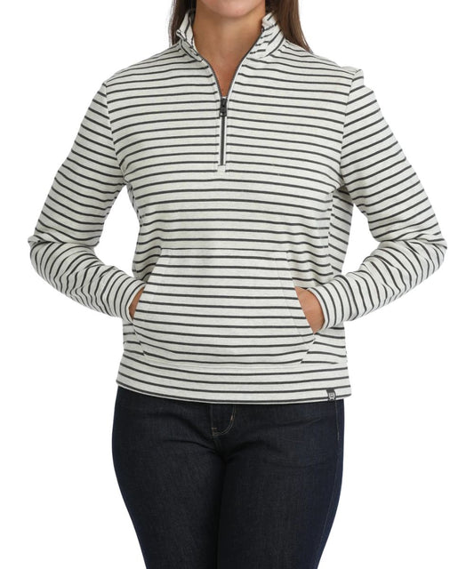 Front view of the women's white Cinch long sleeve pullover featuring the 1/4 zip closure, mock collar, kangaroo pocket, and horizontal striped print
