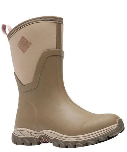 Right angled view of the women's chocolate chip/brown colored 12" Muck Boot featuring the neoprene, waterproof & muckproof rubber construction