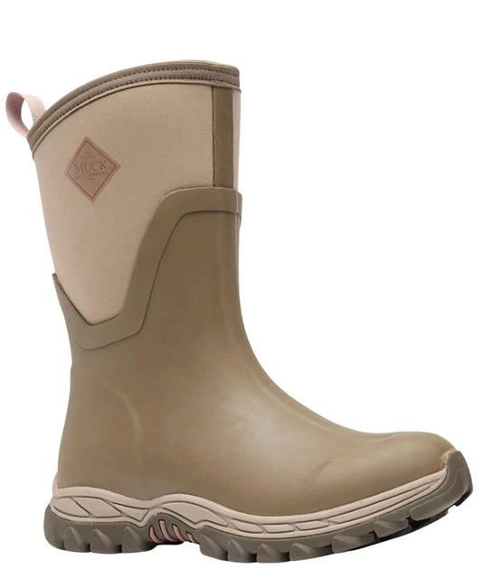 Right angled view of the women's chocolate chip/brown colored 12" Muck Boot featuring the neoprene, waterproof & muckproof rubber construction