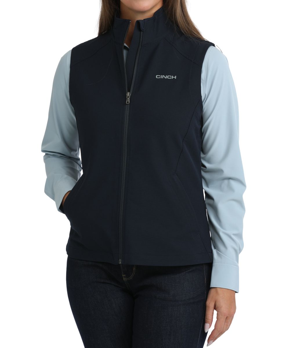 Front view of the women's Cinch Navy Windproof Vest featuring the zip closure, hand pockets, and mock collar