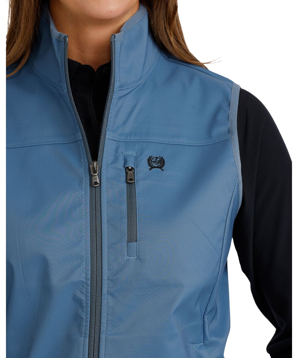 Close-up view of the blue solid print and zippered chest pocket