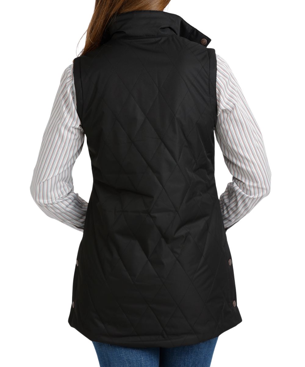 Back view of the women's black vest featuring the mock collar, quilted canvas design, and saddle vents