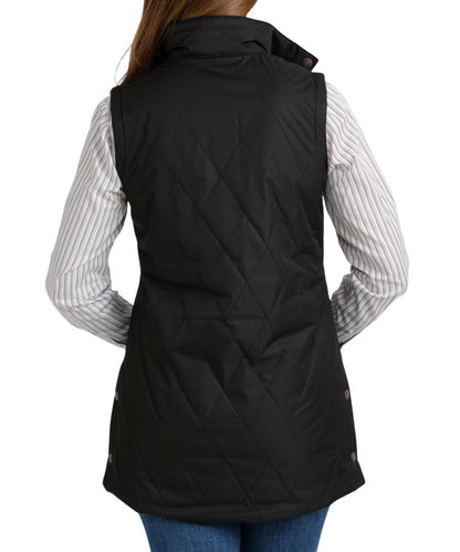 Back view of the women's black vest featuring the mock collar, quilted canvas design, and saddle vents