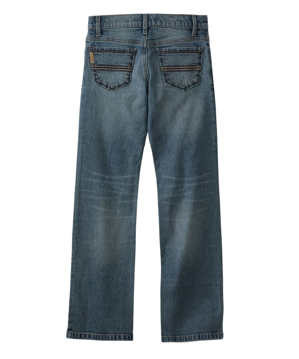 Back view of the little boy's medium stonewash relaxed boot cut jean