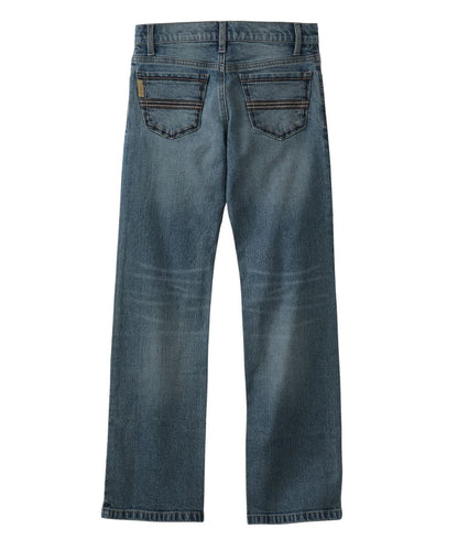 Back view of the little boy's medium stonewash relaxed boot cut jean
