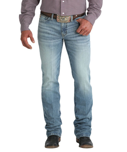 Front view of the men's mid-rise slim fit boot cut jean in a medium stonewash