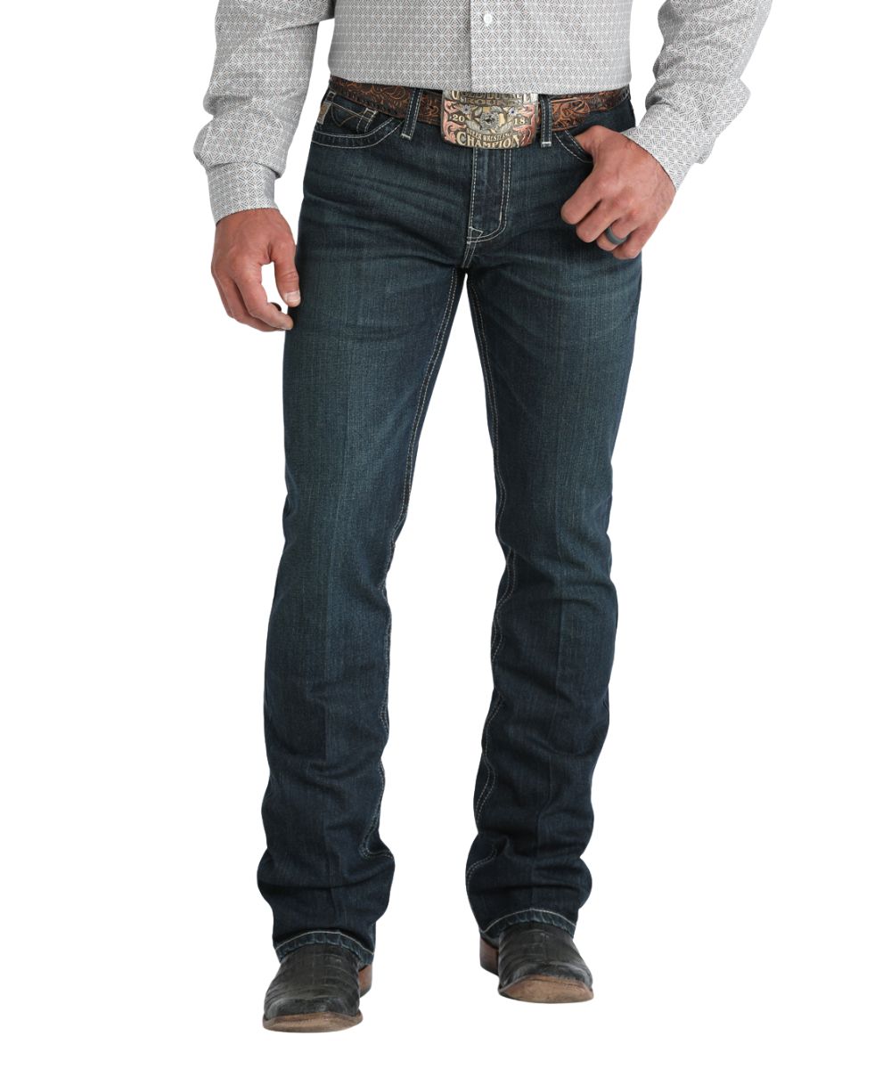 Front view of the men's ian jean in a slim fit, dark stonewash, and boot cut
