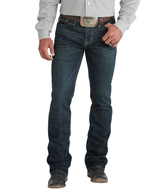 Front view of the men's ian jean in a slim fit, dark stonewash, and boot cut