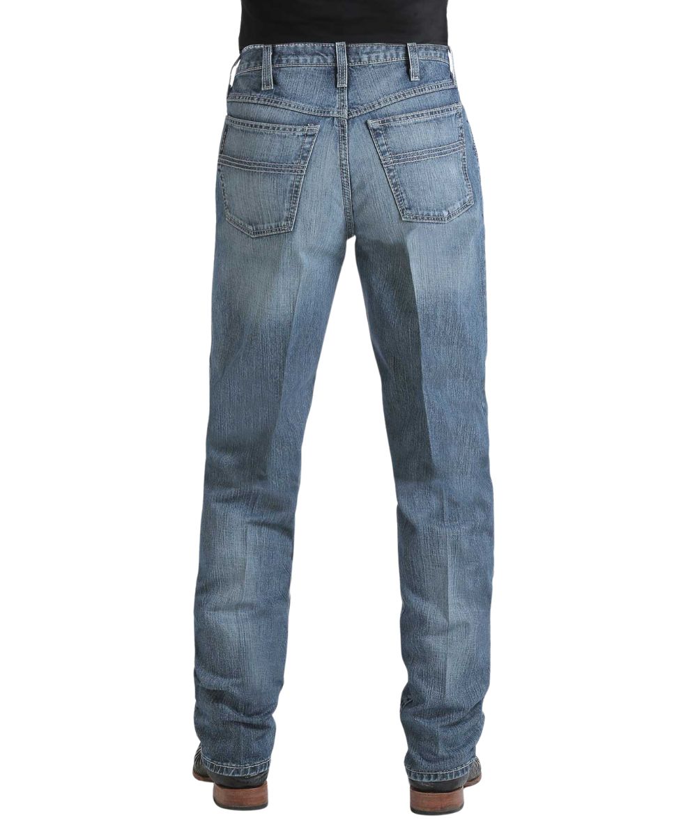 Back view of the men's medium stone rigid jean featuring the tonal stitched back pockets and the tapered straight leg