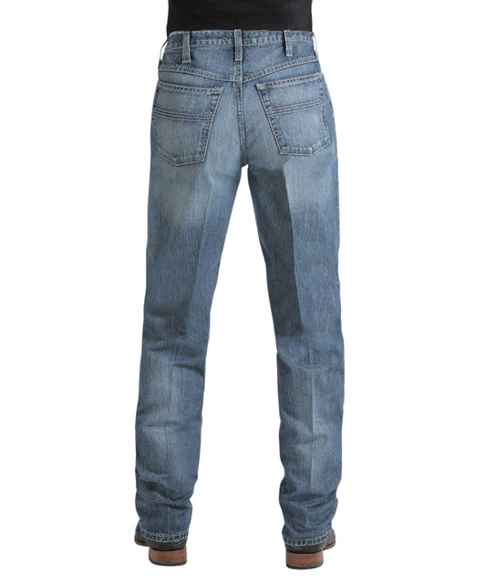 Back view of the men's medium stone rigid jean featuring the tonal stitched back pockets and the tapered straight leg