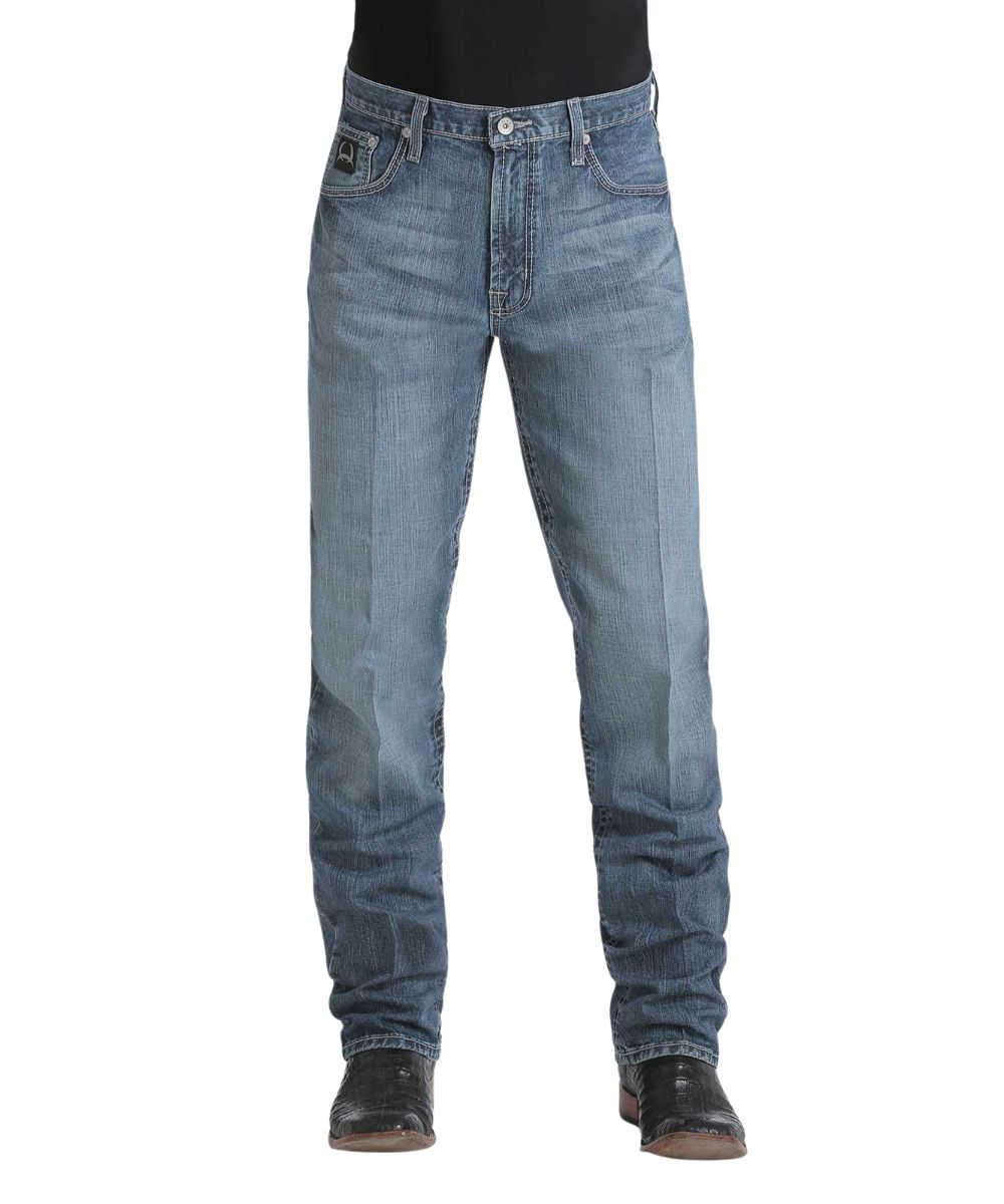Front view of the men's medium stone Cinch Black Label 2.0 tapered straight jean featuring the original rise (12 1/4" front rise), zip fly with button closure, and five pocket styling