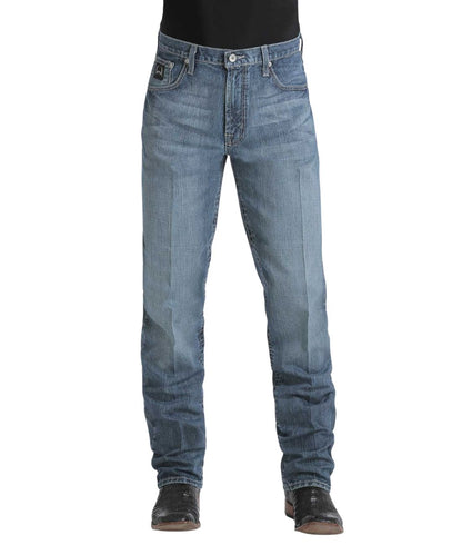 Front view of the men's medium stone Cinch Black Label 2.0 tapered straight jean featuring the original rise (12 1/4" front rise), zip fly with button closure, and five pocket styling