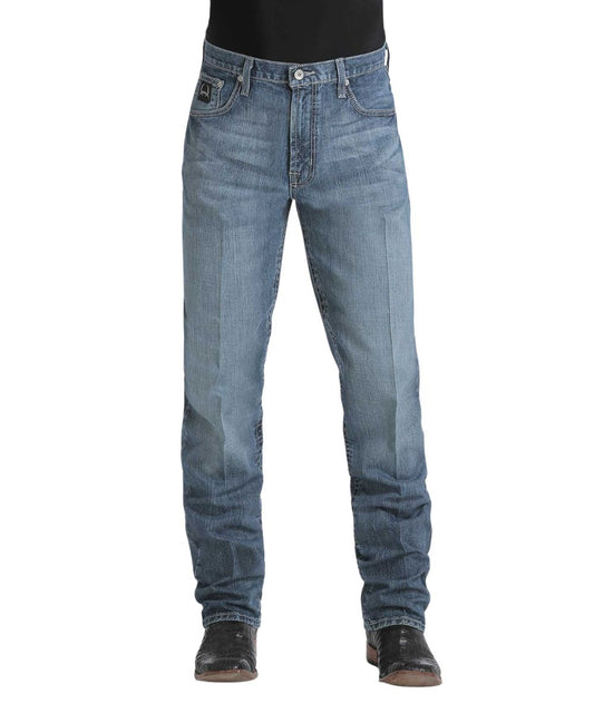 Front view of the men's medium stone Cinch Black Label 2.0 tapered straight jean featuring the original rise (12 1/4" front rise), zip fly with button closure, and five pocket styling