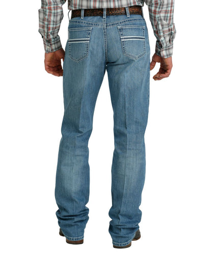 Back view of the men's medium stonewash white label jean featuring a straight leg opening