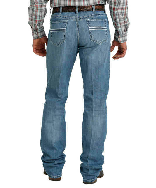Back view of the men's medium stonewash white label jean featuring a straight leg opening