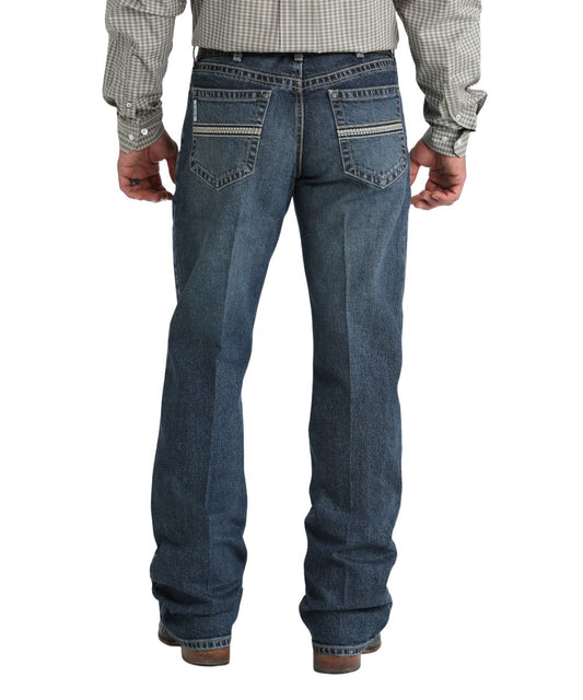 Back view of the men's mid rise dark stonewash jean featuring the straight leg and mid rise