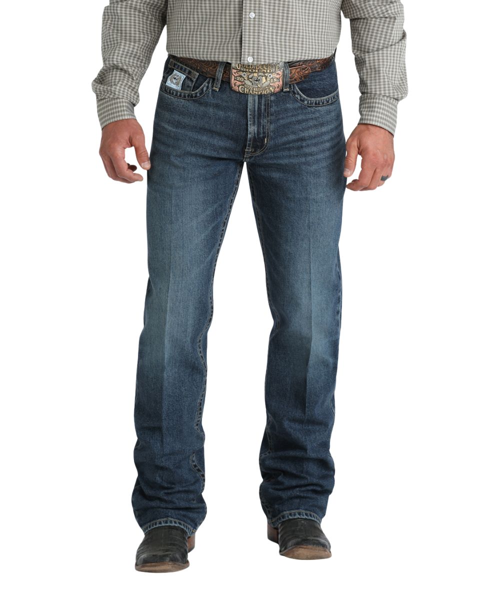 Front view of the men's white label relaxed fit dark stonewash jean featuring the mid rise