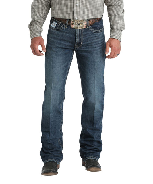 Front view of the men's white label relaxed fit dark stonewash jean featuring the mid rise