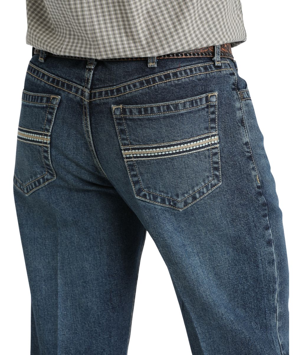 Close-up view of the navy and khaki embroidered back pocket