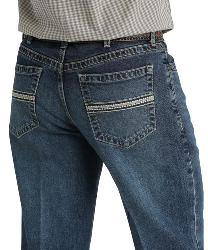 Close-up view of the navy and khaki embroidered back pocket