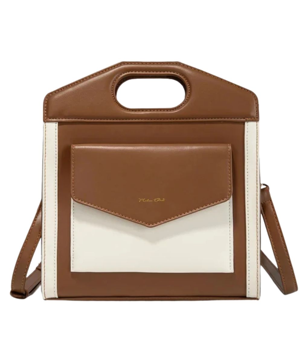 A structured brown and off-white faux leather handbag with a top handle, a front flap pocket with gold 'Milan Chiva' branding, and a removable/adjustable shoulder strap