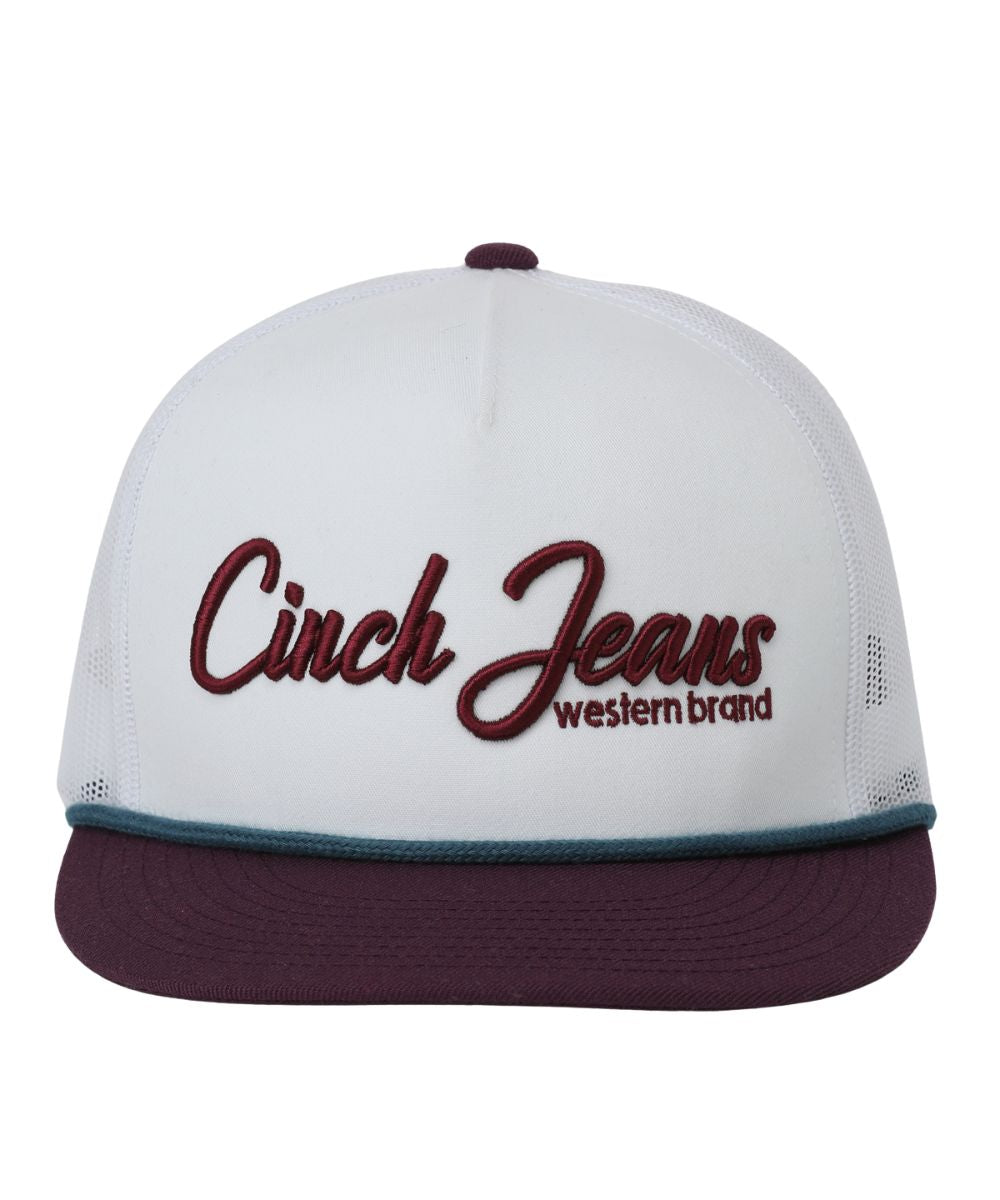 Front view of the men's trucker cap featuring maroon logo embroidery on the white front panel, a maroon flat bill with charcoal braided cord, and white mesh sides and back