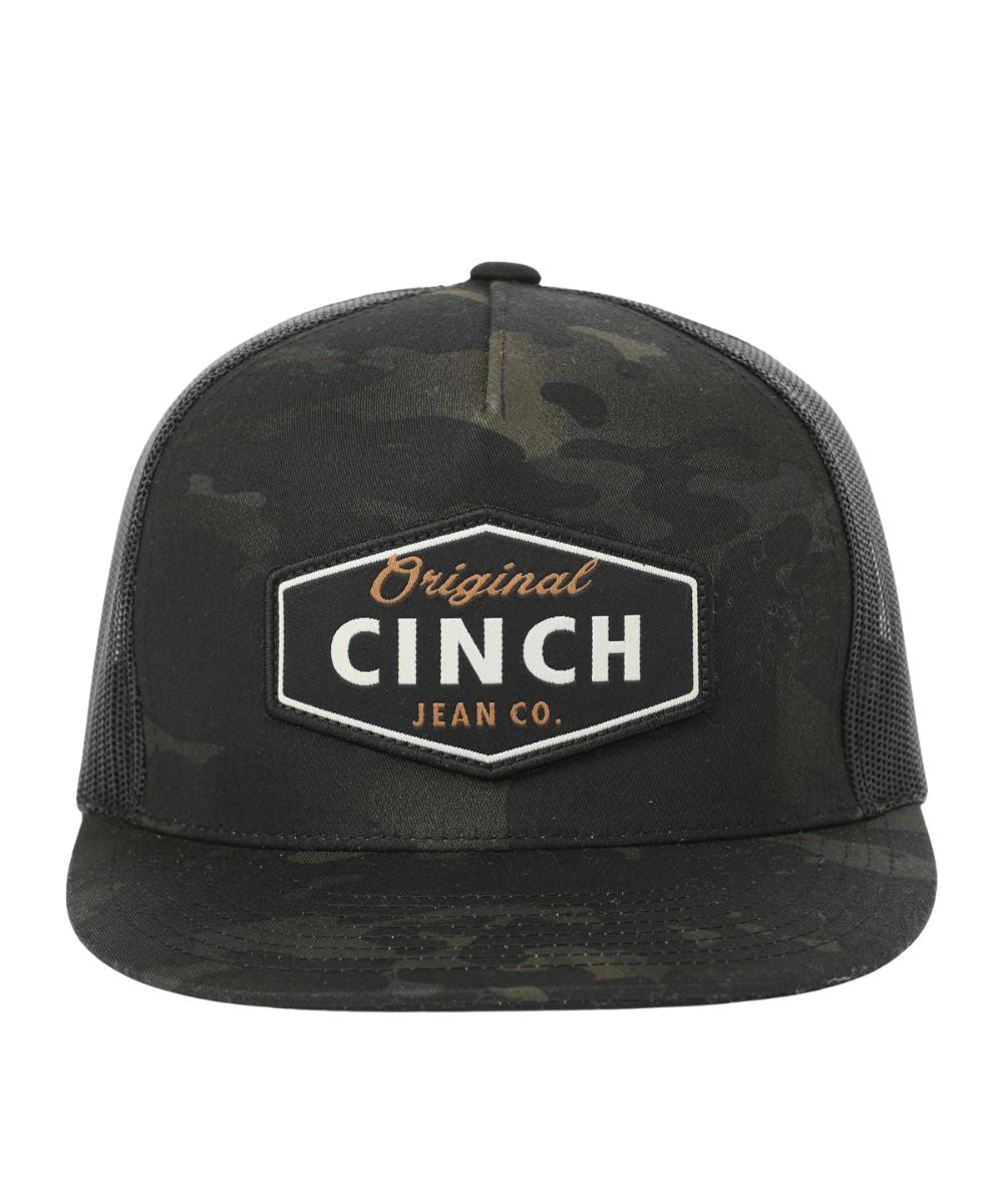 Front facing view of the men's black camo trucker cap