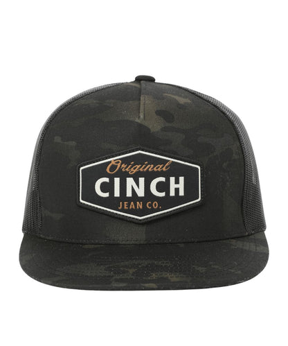 Front facing view of the men's black camo trucker cap