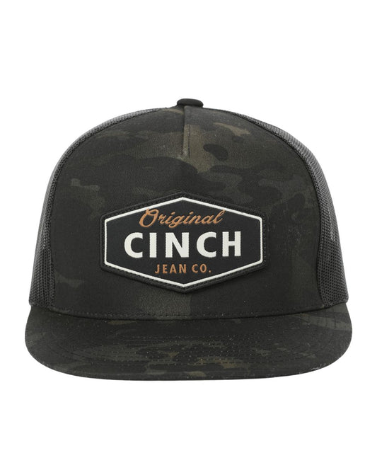 Front facing view of the men's black camo trucker cap