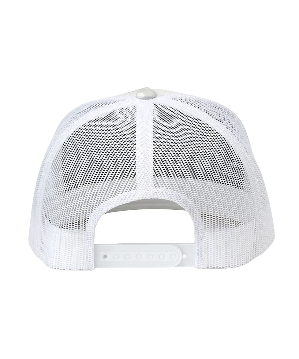 Back view of the men's white cap featuring the white mesh sides and back and the adjustable snapback closure