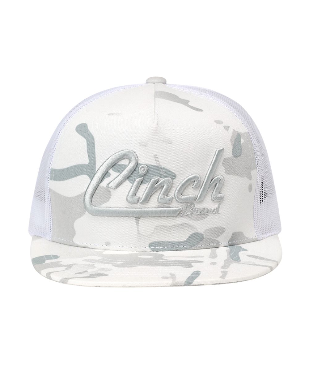 Front view of the men's white camo trucker cap featuring the white camo front with grey logo embroidery and the white camo flat bill