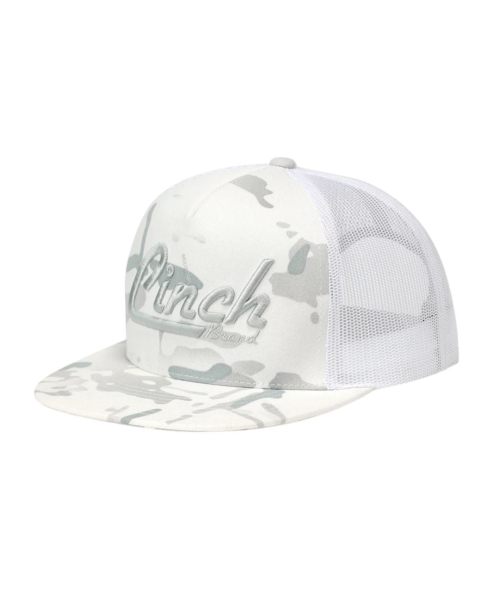 Left angled view of the men's white camo Cinch FlexFit Trucker Cap featuring the high-profile fit and white camo front/bill