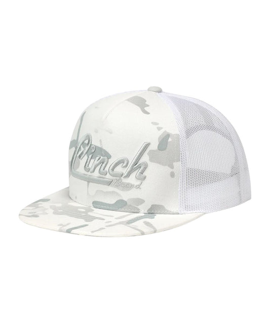 Left angled view of the men's white camo Cinch FlexFit Trucker Cap featuring the high-profile fit and white camo front/bill