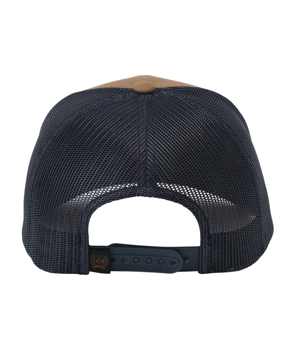 Back view of the men's brown trucker cap featuring the black mesh sides and back with an adjustable snapback closure