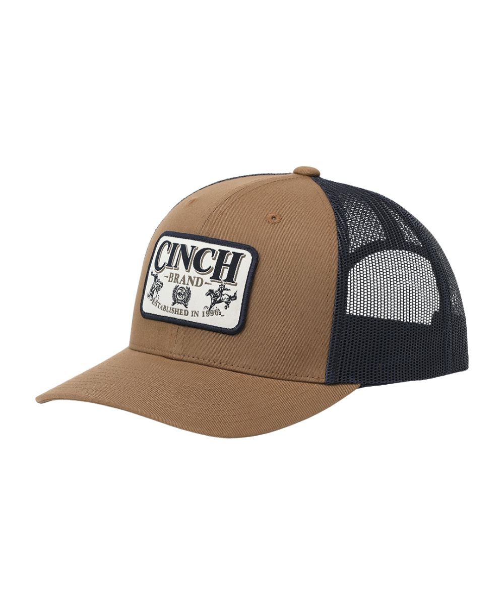 Left angled view of the men's brown Cinch trucker cap featuring the 6 panel construction and mid-profile fit