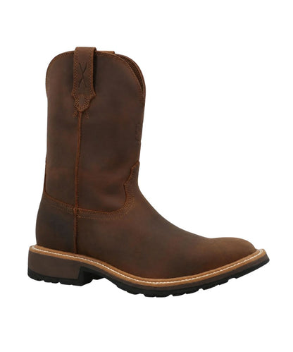 Right angled view of the men's dark brown leather cowboy work boot