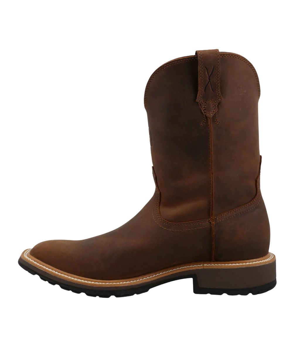 Left view of the men's 10" leather cowboy work boot featuring the leather pull tabs for an easy on