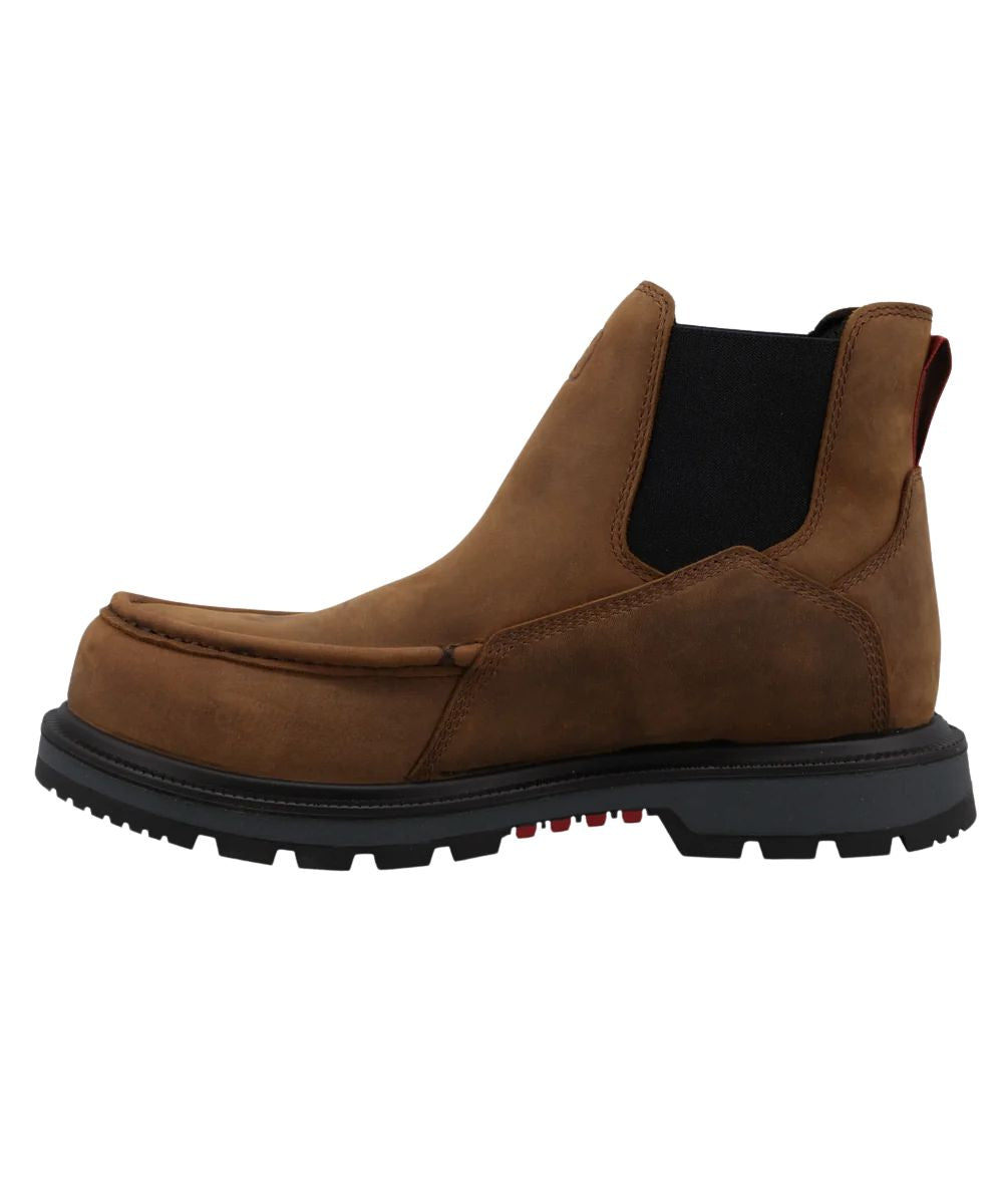 Left side view of the men's brown leather chelsea work boot featuring the black elastic gore panels to easily slip on and off 