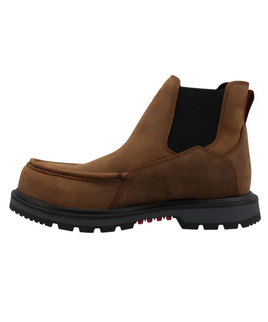 Left side view of the men's brown leather chelsea work boot featuring the black elastic gore panels to easily slip on and off 