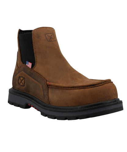 Right angled view of the men's Twisted X 6" Work Chelsea Boot in brown and black