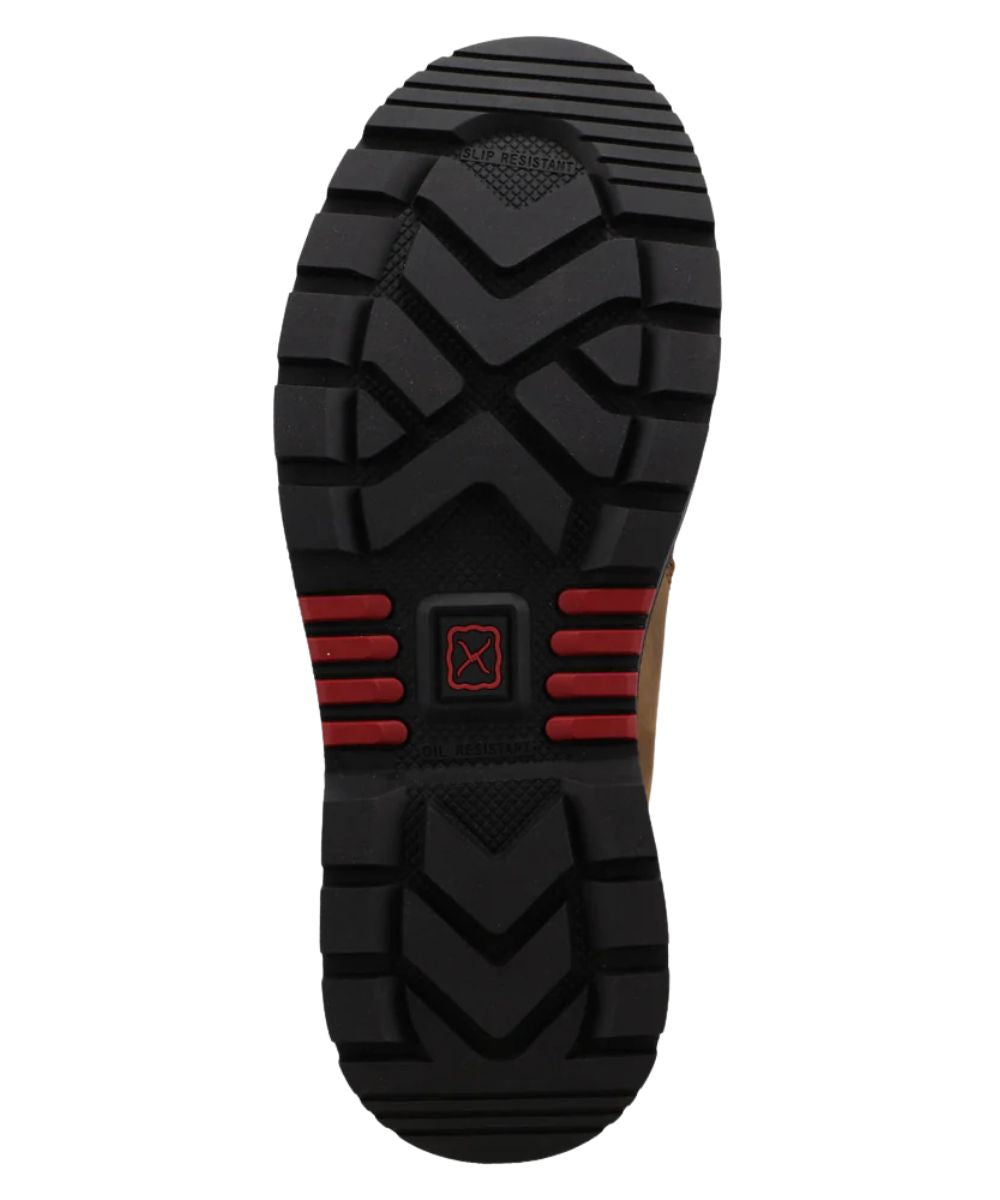 Sole view of the oil and slip resistant rubber outsole featuring the electrical hazard protection