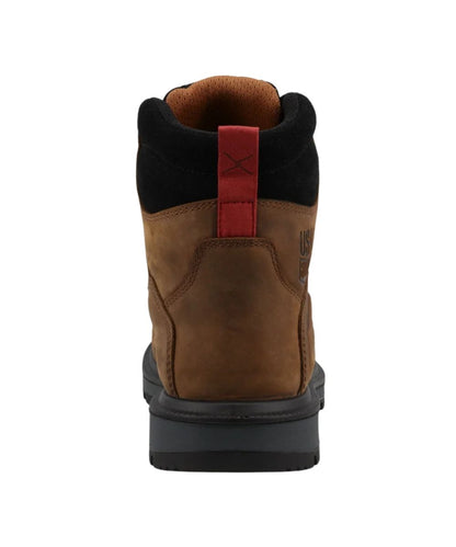 Heel view of the men's brown and black leather work boot featuring the polyester heel loop and 1.5" tall block heel