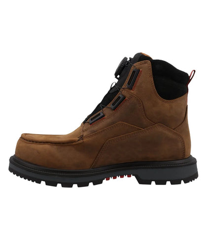 Left side view of the men's 6" brown leather boot featuring the black suede leather collar and polyester heel loop