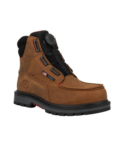 Right angled view of the men's Twisted X 6" Quick Draw Work Boot featuring the dial closure system and the brown leather upper